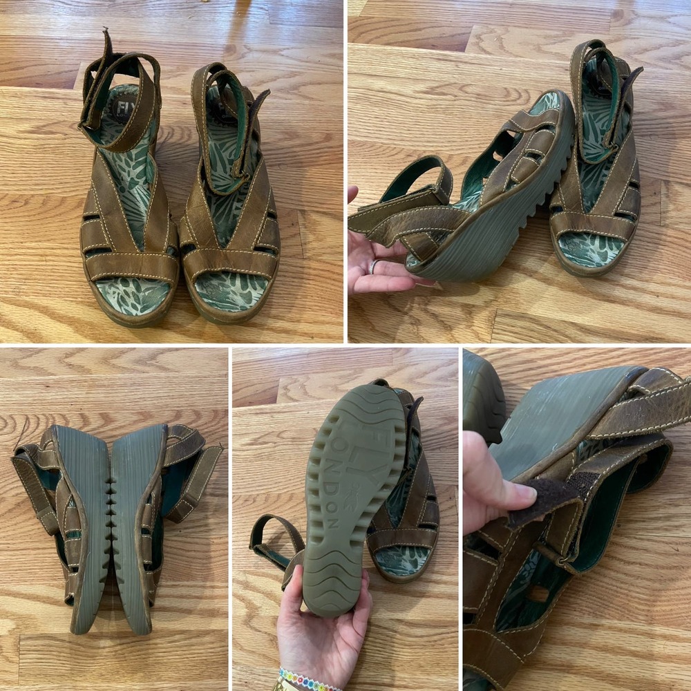 Fly London Yisa Leather Open Toe Strappy Slingback Wedge Sandals Size 38 (7.5-8)